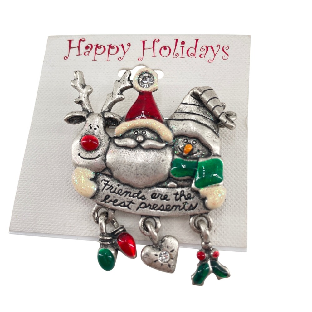 Pewter Enamel Christmas Pin Brooch Friends are Best Presents Dangle AJMC